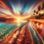 A vivid, colorful sunset over a tropical beach in Placencia, Belize, with tall palm trees, calm waves reflecting orange and blue hues, and mountains in the background under a dramatic, streaked sky—your ultimate resource for a dreamy beach escape.