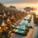 A row of luxury villas and pools line a tropical beachfront at sunset in Belize, with palm trees, sun loungers, and calm water, surrounded by lush green hills and distant islands—perfect for any Best Resorts in Belize travel guide.