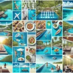 A collage of tropical resort scenes, including all-inclusive beaches, pools, overwater bungalows, dining, airplanes, and people relaxing, all set amid lush green hills and clear blue water under sunny skies.