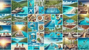 A collage of tropical resort scenes, including all-inclusive beaches, pools, overwater bungalows, dining, airplanes, and people relaxing, all set amid lush green hills and clear blue water under sunny skies.