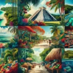 Collage of nine colorful images showing tropical landscapes, Mayan ruins, beaches with clear water, vibrant markets, waterfalls, marine life, and a bookshop—capturing the essence of Belize Vacations and inspiring your next adventure.