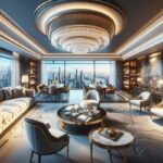 A luxurious, modern living room with elegant furniture, large windows offering a city skyline view, a round chandelier, and neutral tones—perfect inspiration from the top accommodations featured in our Ultimate Guide to comfort and style.