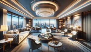 A luxurious, modern living room with elegant furniture, large windows offering a city skyline view, a round chandelier, and neutral tones—perfect inspiration from the top accommodations featured in our Ultimate Guide to comfort and style.