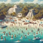 A crowded beach scene with people swimming and relaxing near turquoise water, speedboats, and umbrellas. Ancient Mayan-style pyramids and dense jungle are visible in the background—perfect inspiration for Belize Vacations planning.
