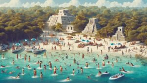 A crowded beach scene with people swimming and relaxing near turquoise water, speedboats, and umbrellas. Ancient Mayan-style pyramids and dense jungle are visible in the background—perfect inspiration for Belize Vacations planning.
