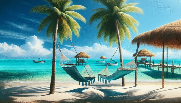 A serene Belizean beach with turquoise waters, white sand, palm trees, and colorful hammocks.