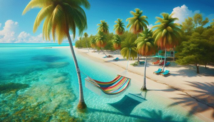 A serene Belize beach with turquoise waters, white sand, and a colorful hammock.
