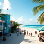 People walk along a sandy beach lined with colorful buildings, palm trees, and market stalls with fruit. The ocean is calm and blue under a sunny sky with a few clouds.