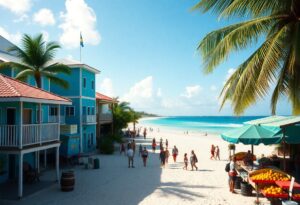 People walk along a sandy beach lined with colorful buildings, palm trees, and market stalls with fruit. The ocean is calm and blue under a sunny sky with a few clouds.