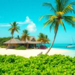 A small house with a porch sits on a sandy beach lined with palm trees, facing turquoise water. A sailboat is anchored offshore. Green bushes are in the foreground and the sky is clear with a few clouds.