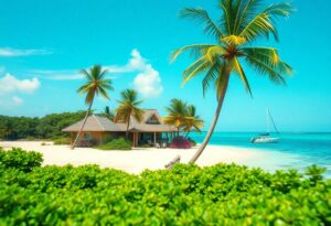 A small house with a porch sits on a sandy beach lined with palm trees, facing turquoise water. A sailboat is anchored offshore. Green bushes are in the foreground and the sky is clear with a few clouds.