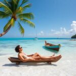 A person in a swimsuit relaxes on a wooden lounge chair on a tropical beach, with clear turquoise water, a small boat nearby, palm trees, and a sailboat in the distance under a sunny sky.