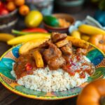 A colorful plate holds white rice topped with a tomato-based stew containing chunks of meat and pieces of cooked yellow plantain. Fresh tomatoes, peppers, and plantains are scattered on the wooden table in the background.