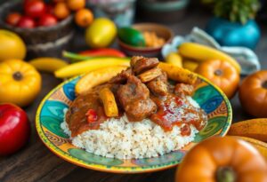 A colorful plate holds white rice topped with a tomato-based stew containing chunks of meat and pieces of cooked yellow plantain. Fresh tomatoes, peppers, and plantains are scattered on the wooden table in the background.