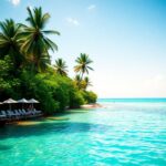 A tropical beach scene with clear turquoise water, palm trees, and lounge chairs with umbrellas on the shore. Bright sunlight and blue sky create a tranquil atmosphere.
