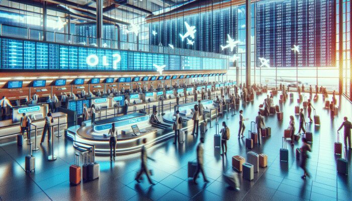 A busy airport with various check-in options and efficient baggage handling services.