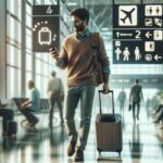 A man walking through Belize Airport pulls a rolling suitcase and checks his phone. Overhead signs display directions to gates, baggage claim, restrooms, and exits—a scene perfect for any travel guide or essential resource. Other travelers sit in the background.
