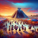 Vibrant market scene at sunset with Belize people in traditional clothing dancing and walking among colorful stalls, centered around a large step pyramid and historical buildings in the background—a true glimpse into Belize culture.