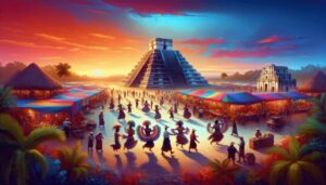 Vibrant market scene at sunset with Belize people in traditional clothing dancing and walking among colorful stalls, centered around a large step pyramid and historical buildings in the background—a true glimpse into Belize culture.