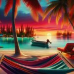 A tropical beach at sunset with palm trees, a colorful hammock, two lounge chairs, and a small boat on calm water—perfect for a dreamy Belize Holiday Package as vibrant colors reflect on the ocean.