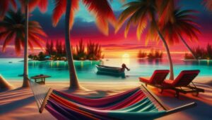 A tropical beach at sunset with palm trees, a colorful hammock, two lounge chairs, and a small boat on calm water—perfect for a dreamy Belize Holiday Package as vibrant colors reflect on the ocean.