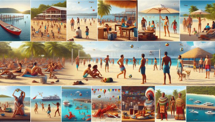 Tourists enjoying beach activities and cultural festivities in Belize during the dry season.