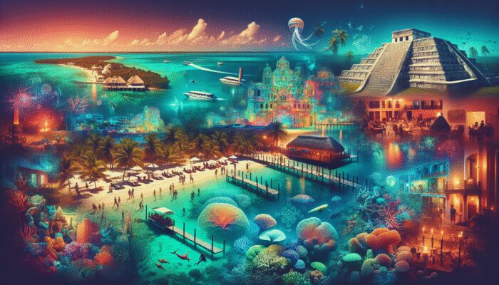 Belize's diverse attractions: Ambergris Caye's nightlife, coral reefs, Placencia's beaches, and Mayan ruins of Xunantunich and Lamanai.