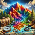 A vibrantly colored map with mountains and forests sits on a table, surrounded by hiking gear—including boots, a backpack, and binoculars—inviting you to embark on an adventure inspired by the Alaia Belize Travel Guide.