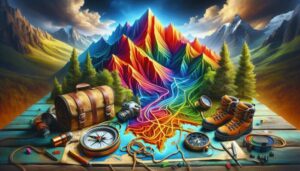 A vibrantly colored map with mountains and forests sits on a table, surrounded by hiking gear—including boots, a backpack, and binoculars—inviting you to embark on an adventure inspired by the Alaia Belize Travel Guide.