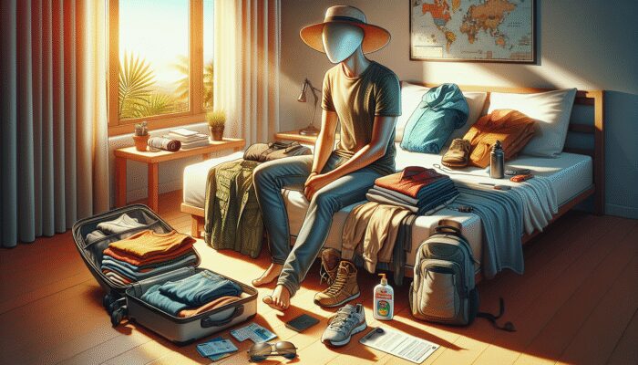 Traveler packing suitcase with essentials for Alaia Belize trip, including clothing, sun protection, and travel gear.