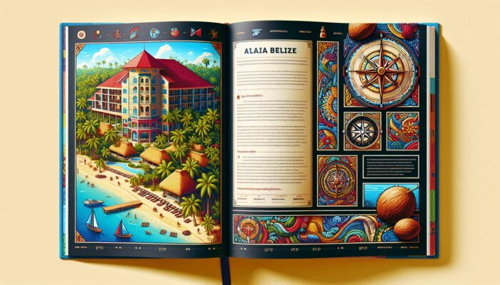 Travel guidebook page on Alaia Belize with resort, beach, and cultural illustrations, expert insights.