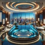 Luxurious indoor pool in a modern high-rise suite at a top Belize City Hotel, with floor-to-ceiling windows, city skyline view, circular ceiling design, lounge chairs, and soft ambient lighting.