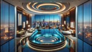 Luxurious indoor pool in a modern high-rise suite at a top Belize City Hotel, with floor-to-ceiling windows, city skyline view, circular ceiling design, lounge chairs, and soft ambient lighting.