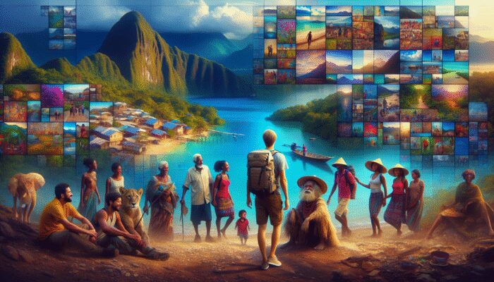 Travelers connecting with locals in Shyne Belize's vibrant landscapes, embodying adventure and cultural immersion.