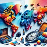 A colorful, stylized world map is displayed upright, surrounded by travel items including suitcases, a camera, sunglasses, a compass, a shirt, a passport, and other accessories—perfect for any travel guide or essential tips on exploring the Belize Time Zone.