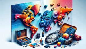 A colorful, stylized world map is displayed upright, surrounded by travel items including suitcases, a camera, sunglasses, a compass, a shirt, a passport, and other accessories—perfect for any travel guide or essential tips on exploring the Belize Time Zone.
