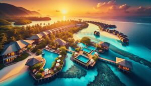 Aerial view of a top rated overwater Belize resort at sunset, featuring villas connected by walkways, swimming pools, palm trees, and clear blue ocean waters with mountains in the background—perfect for a 2025 getaway.