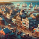 An aerial view of Belize Capital City reveals colorful buildings, sailboats on the water, crowded streets, market stalls, and people walking along docks and piers under a clear blue sky—a perfect scene for any travel guide.