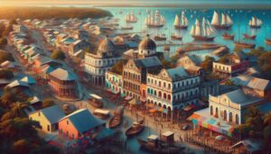 An aerial view of Belize Capital City reveals colorful buildings, sailboats on the water, crowded streets, market stalls, and people walking along docks and piers under a clear blue sky—a perfect scene for any travel guide.