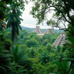 Several ancient pyramid structures rise above dense tropical jungle with tall palm trees. The sky is overcast, and lush green vegetation surrounds the pyramids, giving the scene a hidden, remote atmosphere.