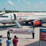 A group stands on an airport tarmac in Belize, holding a banner that reads, “Belize Welcomes Air Canada Montreal Flight,” in front of an Air Canada plane. Photographers and a sign about flights and European connections are also visible.
