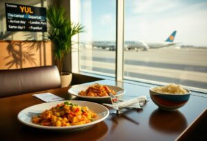 A table by an airport window shows dishes of rice, pasta, and fried food beside a model airplane. Outside, two airplanes are on the runway. The departure board lists flights to London, Paris, Frankfurt, and an Air Canada Montreal flight.