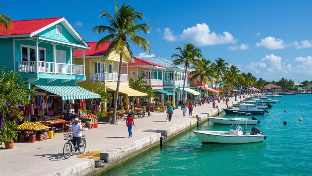 A row of colorful buildings with awnings lines a waterfront street in Corozal Town, Belize, where people walk and ride bicycles. Small boats dot the turquoise water, offering a glimpse into affordable living under clear blue skies and swaying palm trees.