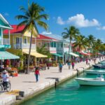 A row of colorful buildings with awnings lines a waterfront street in Corozal Town, Belize, where people walk and ride bicycles. Small boats dot the turquoise water, offering a glimpse into affordable living under clear blue skies and swaying palm trees.