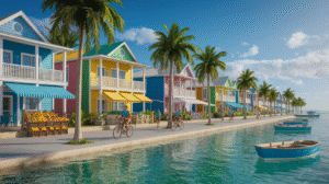 A row of colorful houses lines a waterfront street with palm trees in Corozal Town, Belize. People ride bicycles along the sidewalk, small boats float on clear water, and fruit stands appear on the left—perfect for those seeking affordable living.