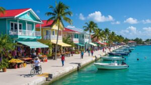 A row of colorful buildings with awnings lines a waterfront street in Corozal Town, Belize, where people walk and ride bicycles. Small boats dot the turquoise water, offering a glimpse into affordable living under clear blue skies and swaying palm trees.