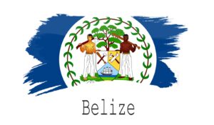 The image shows the Belize Flag, featuring the national coat of arms with two men holding tools, a shield with symbols, and a tree on a blue and white background. "Belize" is written below, perfect for any Belize Travel resource guide.