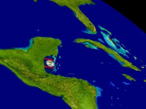 A satellite view of Central America and the Caribbean Sea, with Belize highlighted and the Belize Flag overlaying its territory—a perfect visual Travel Resource for explorers.