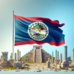 A Belize Flag waves on a pole in front of an ancient stepped pyramid, surrounded by stone ruins and columns under a clear blue sky—an iconic scene often highlighted in any travel guide to Belize.