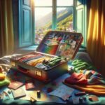 An open suitcase packed with clothes, colored pencils, paints, and travel items sits on a bed by a window. Passports, maps, and a Belize Travel Guide are scattered in the cozy room, warmly lit with mountain views outside.